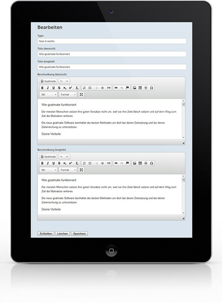 Goalmate.de, geöffnet auf einem Tablet, eigener Editor