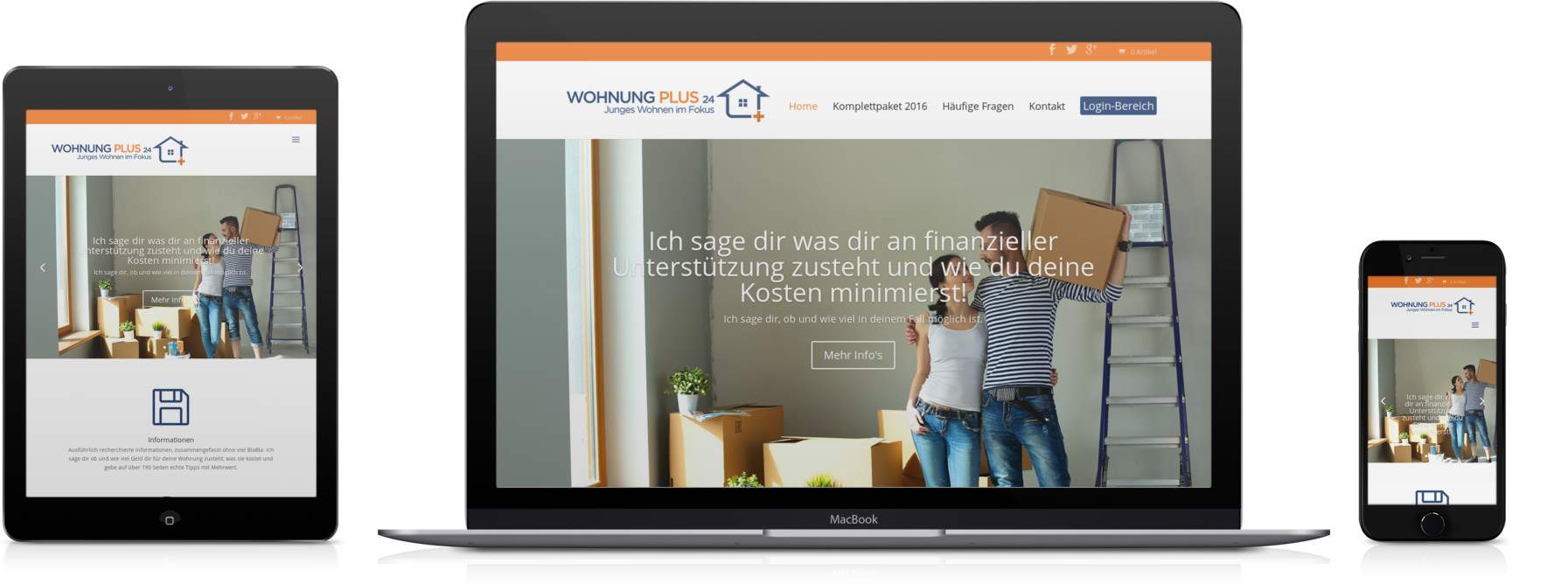 Wohnungpus24.de, geöffnet auf einem Tablet, einem Macbook und auf einem iPhone Wohnungpus24.de, geöffnet auf einem Tablet, einem Macbook und auf einem iPhone