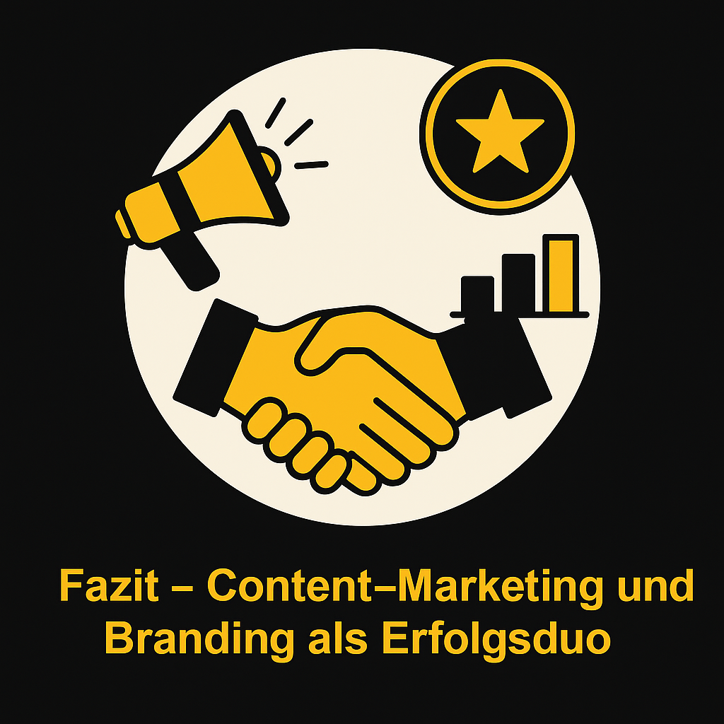 Gelbe und schwarze Hände im Handschlag zwischen Megafon, Stern und Balkendiagramm – visuelles Symbol für die Synergie von Content-Marketing und Branding