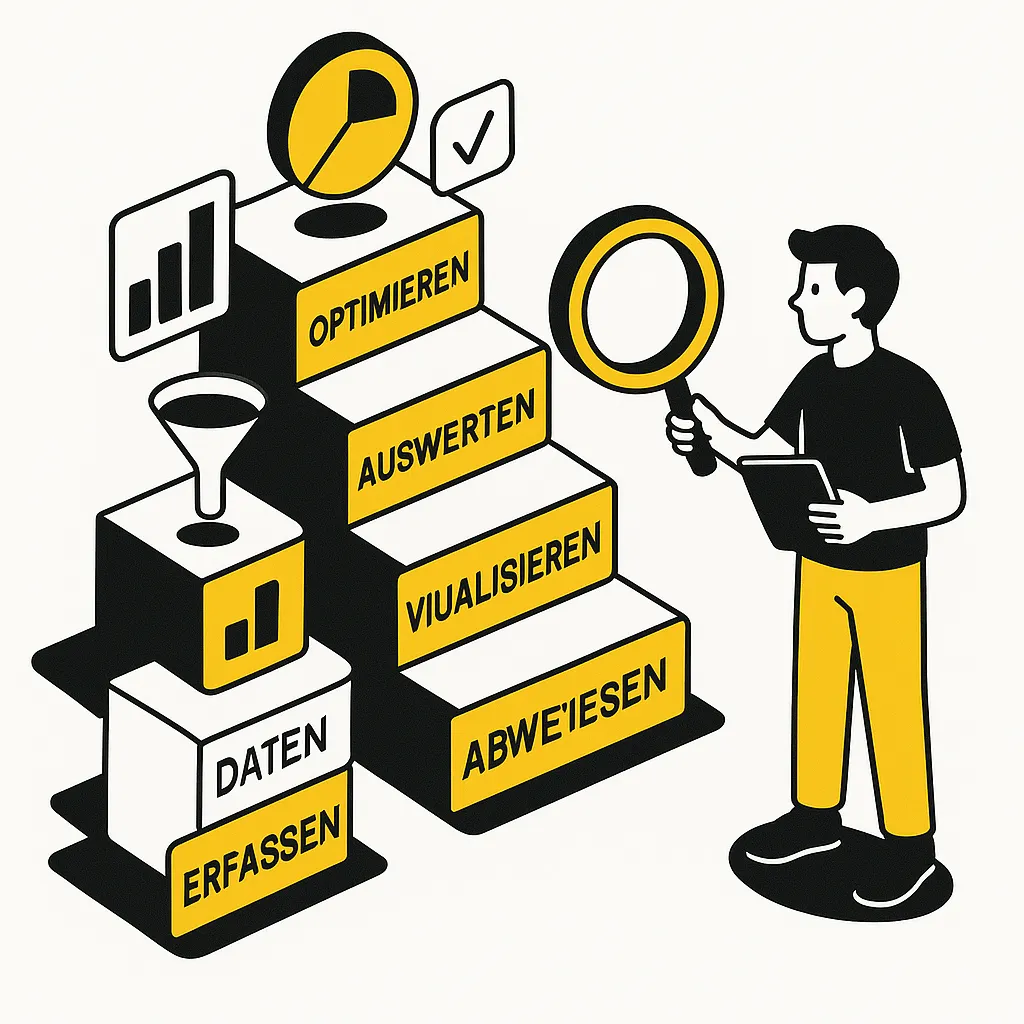 Isometrische Illustration zeigt eine fünfstufige Treppe von „Daten erfassen“ bis „Optimieren“ – mit Icons für Analyse, Visualisierung und eine Person mit Lupe