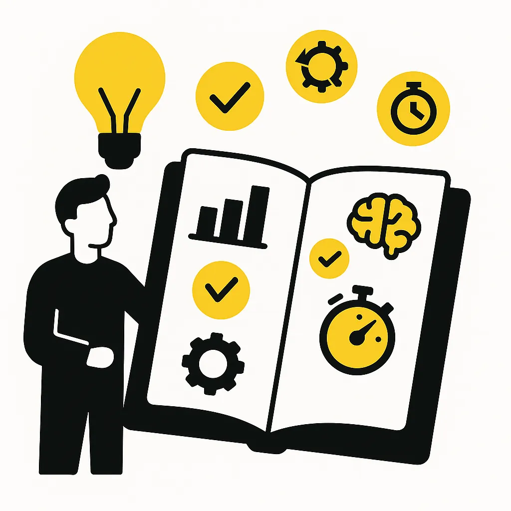 Illustration zeigt eine Person mit Glühbirne vor einem geöffneten Buch, in dem Icons wie Diagramme, Zahnräder, Stoppuhr und Checkmarks für Analyse- und Reporting-Tipps stehen