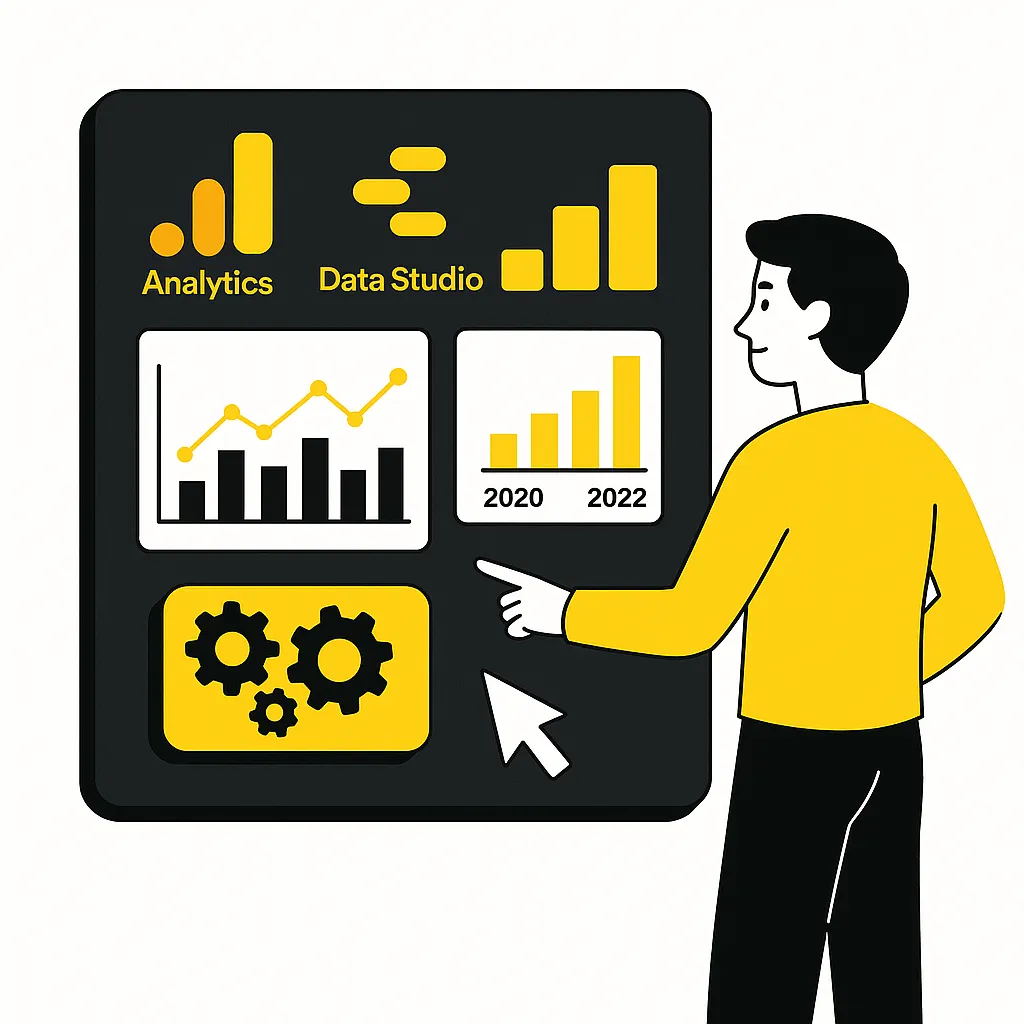 Illustration zeigt eine Person, die auf ein Dashboard mit Analyse- und Reporting-Tools wie Google Analytics und Data Studio blickt – mit Diagrammen, Zahnrädern und Jahresvergleichen