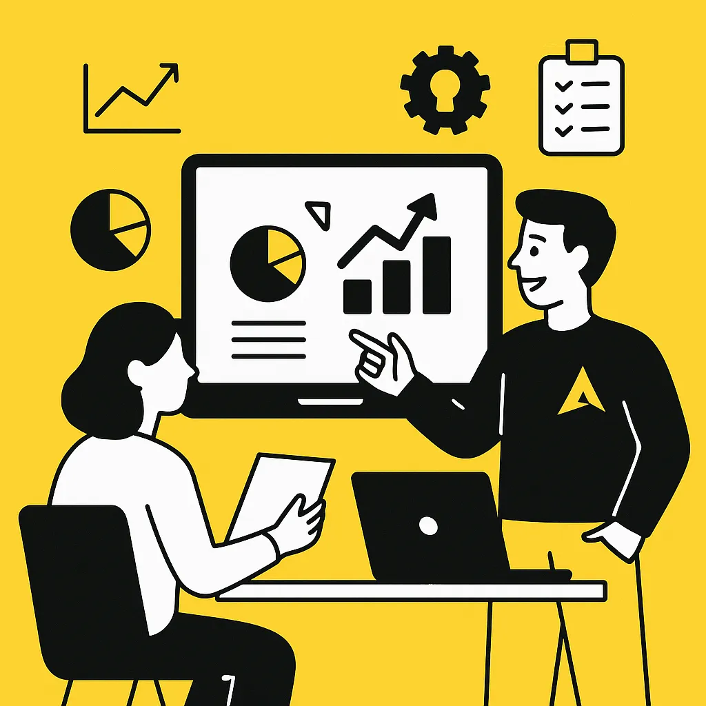 Eine Fachperson erklärt einem Kunden ein Reporting-Dashboard mit Diagrammen – auf einem gelben Hintergrund im Apalion-Design, umgeben von Datenanalyse-Symbolen