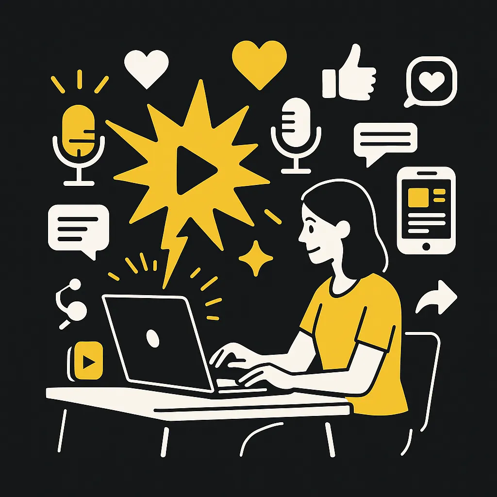 Content Creator arbeitet am Laptop, umgeben von Icons für Video, Podcast, Herz und Teilen – visuelles Symbol für kreativen und begeisternden Content