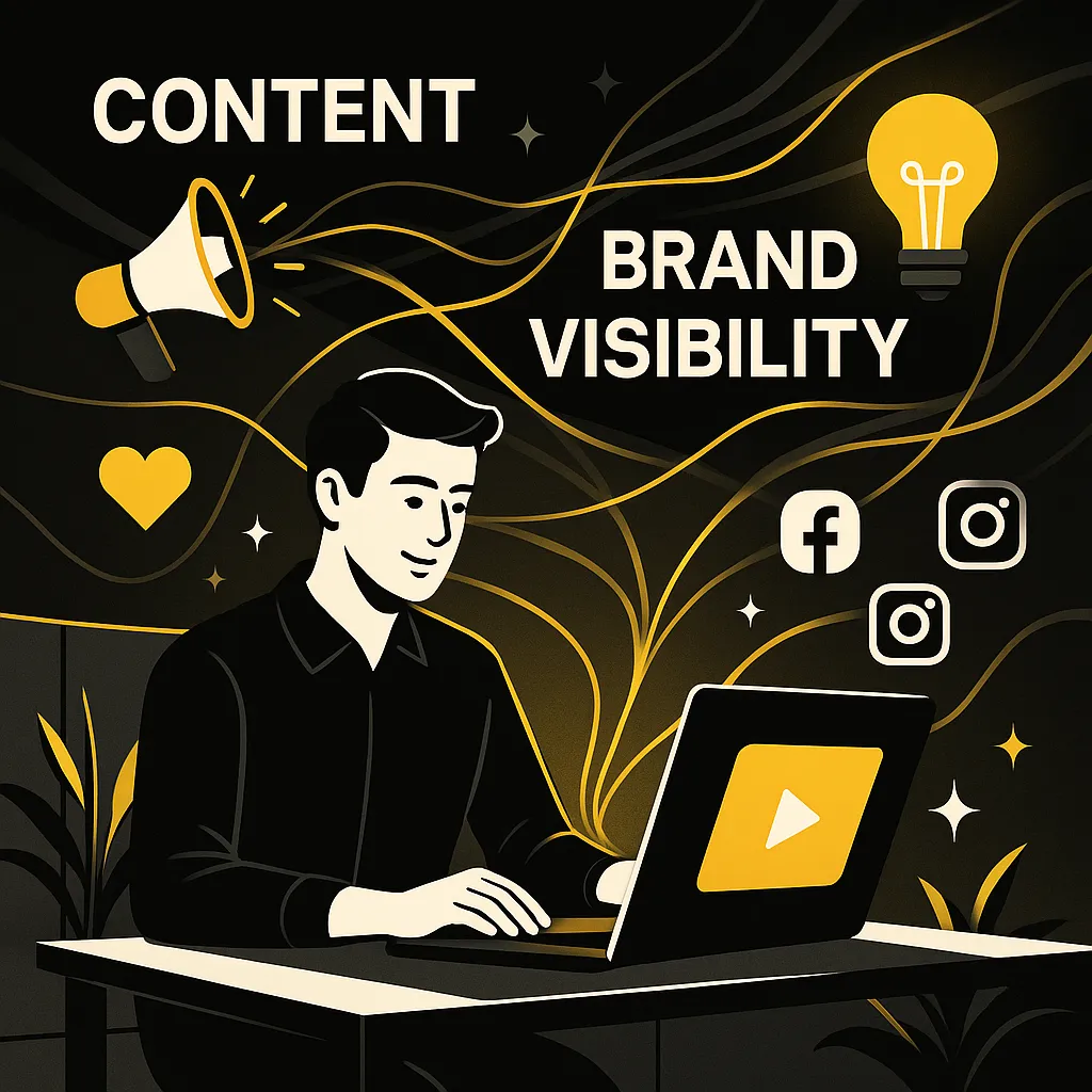 Junge Person arbeitet am Laptop, umgeben von Icons wie Megafon, Glühbirne und sozialen Medien – Symbolbild für Content-Marketing und Markenaufbau