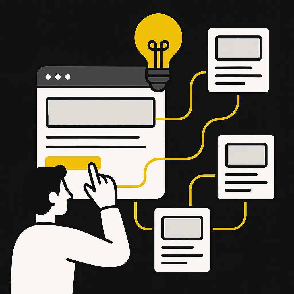 Illustration einer Website mit verlinkten Inhaltskarten und Lichtsymbol – Darstellung interner Links als Wissensnetz im Apalion-Design
