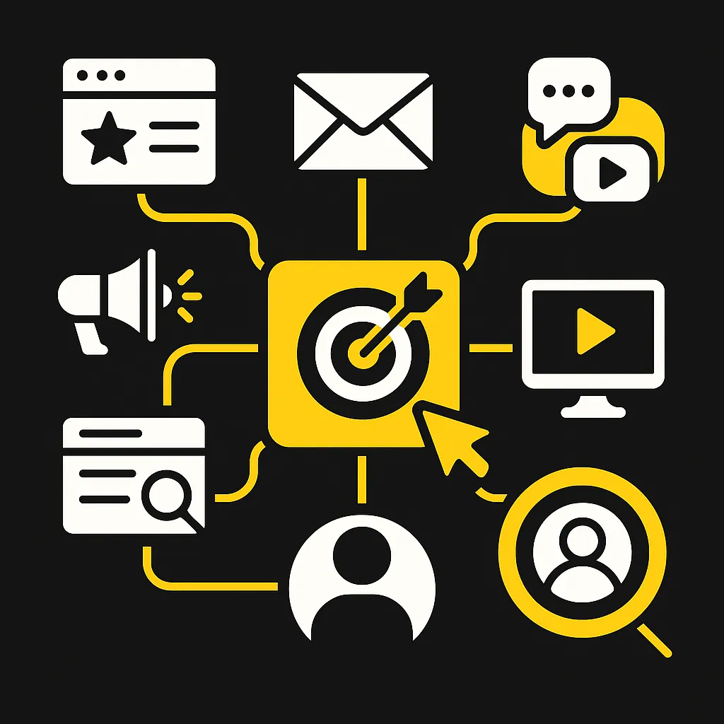 Digitale Illustration zeigt zentrale Marketingkanäle – E-Mail, Social Media, Video, Blog, Suchanzeigen – verbunden mit einem zentralen Ziel-Symbol auf schwarzem Hintergrund