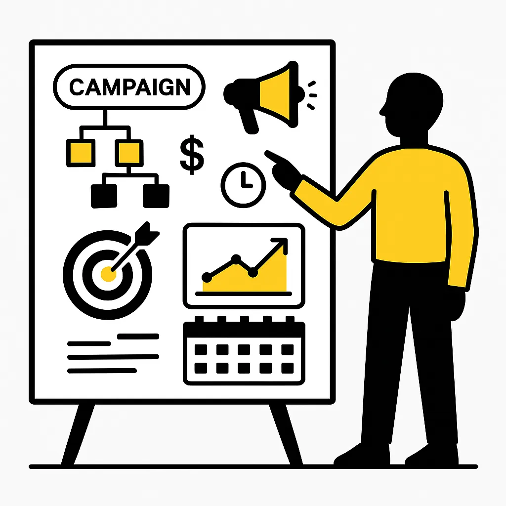Person zeigt auf ein Whiteboard mit Kampagnenstruktur, Megafon, Zielscheibe und Performance-Grafik – Darstellung für Werbung und Kampagnenmanagement