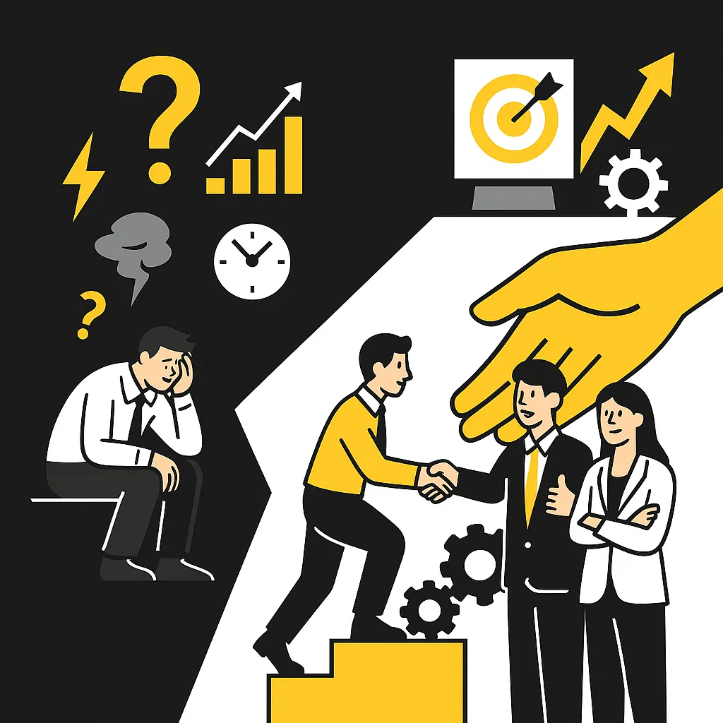 Illustration zeigt auf der linken Seite eine frustrierte Einzelperson mit Fragezeichen und Chaos, rechts ein Agenturteam, das mit Strategie, Unterstützung und Wachstum hilft