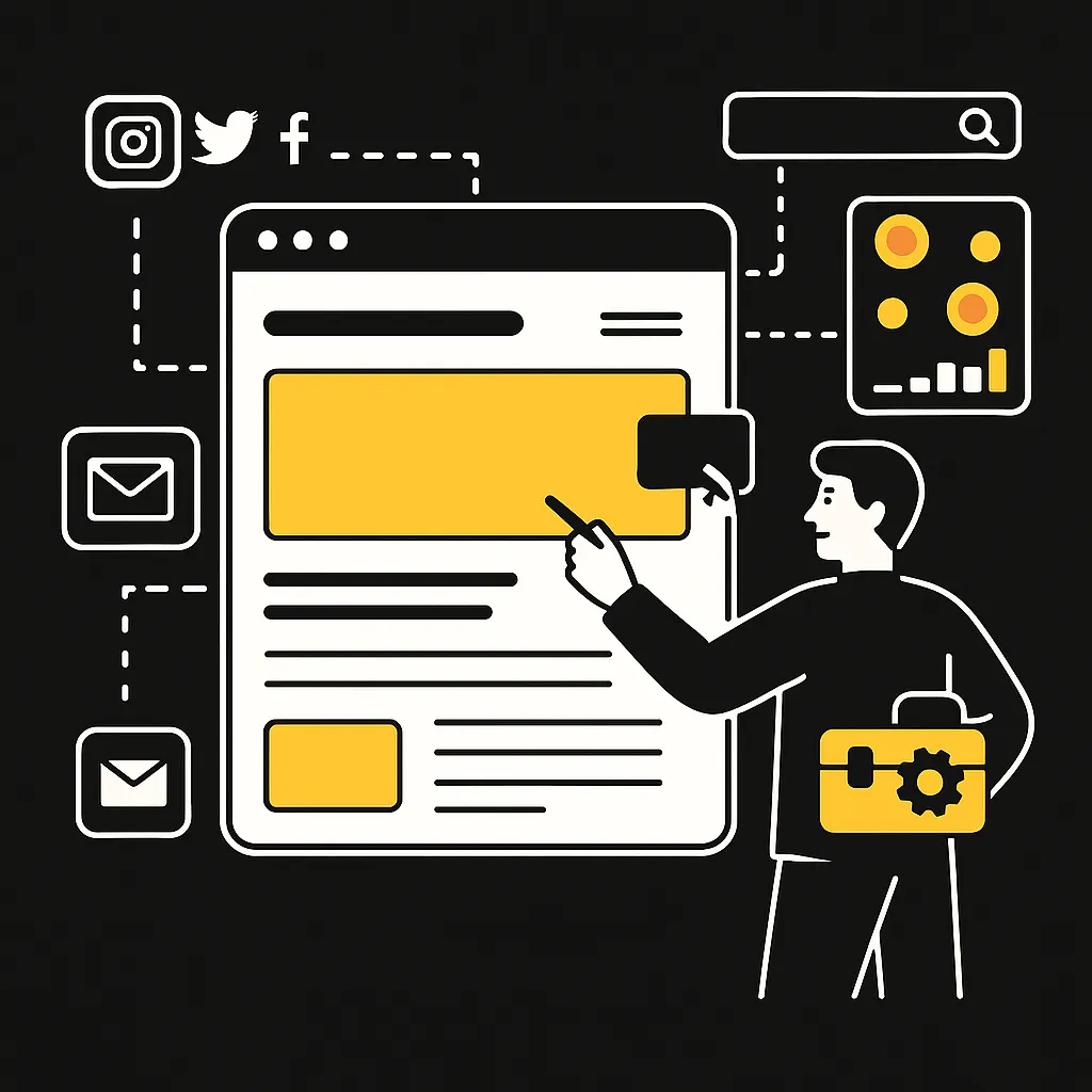 Digitaler Marketingexperte integriert Online-Marketing-Elemente wie SEO, Social Media und Newsletter in einen Website-Auftritt – visualisiert im CI-Stil