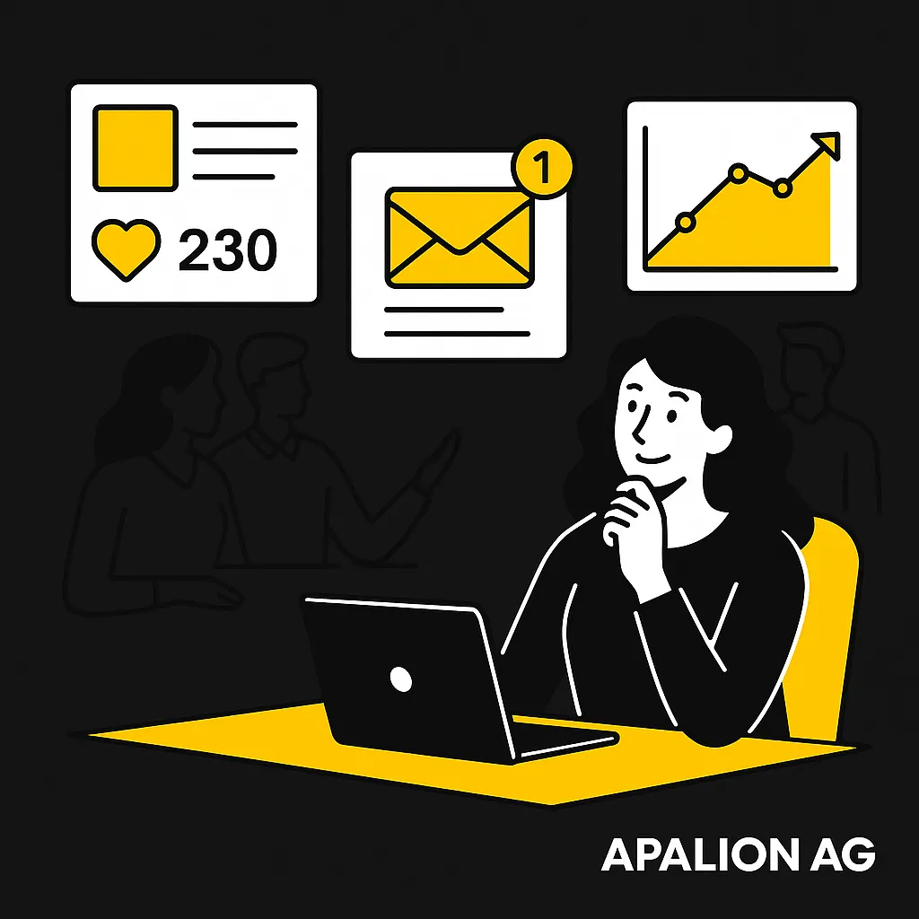 Frau analysiert Online-Marketing-Ergebnisse mit Laptop – Darstellung von Social-Media-Likes, E-Mail-Response und SEO-Performance in Praxisbeispielen