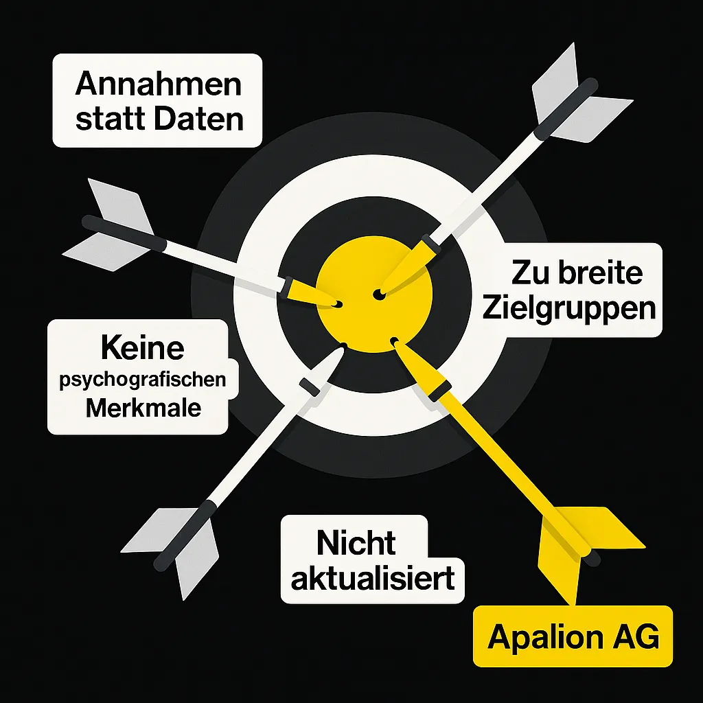 Zielscheibe mit verfehlten Pfeilen für Analysefehler und einem gelben Volltreffer durch Apalion AG – visuelle Darstellung typischer Irrtümer bei der Zielgruppenanalyse