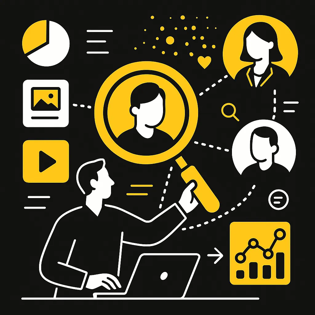 Eine Person analysiert Zielgruppen mit einer Lupe, verbunden mit drei Personas und Content-Icons wie Playbutton und Bild – Symbol für zielgerichtete Inhaltsstrategie