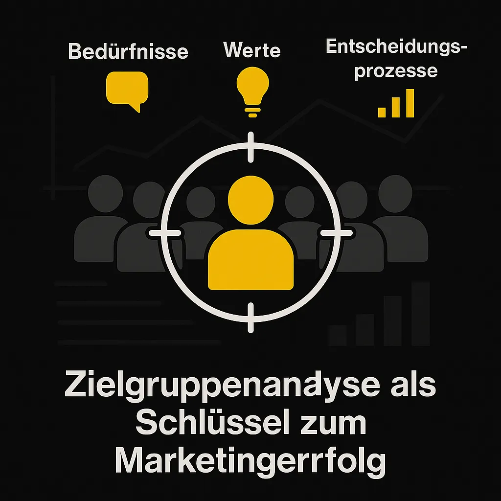 Zielgruppenanalyse als Schlüsselfaktor im Marketing – gelbe Zielperson im Fadenkreuz, umgeben von Datenbegriffen wie Bedürfnisse, Werte und Entscheidungsprozesse