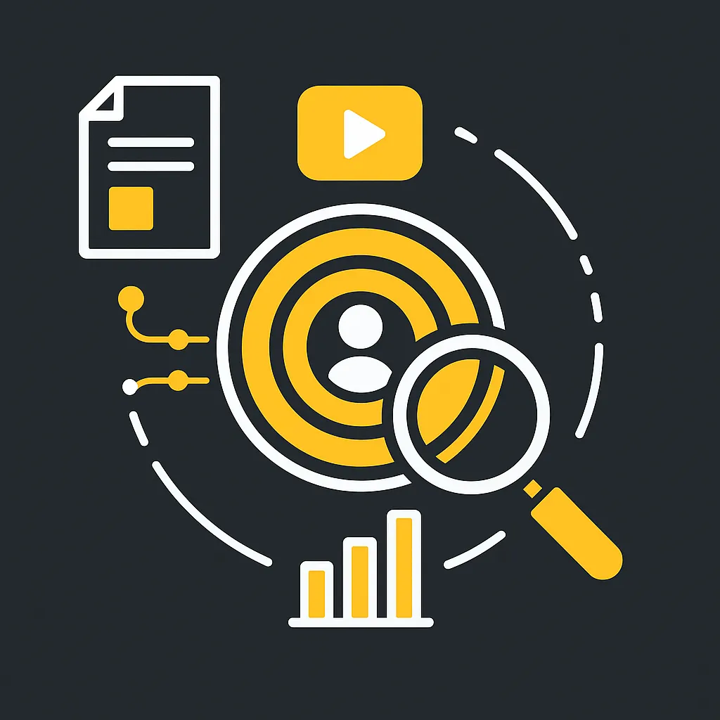 Zielscheibe mit Persona im Zentrum, umgeben von Content-Icons wie Dokument, Video, Diagramm und einer Lupe – symbolisiert gezielte Zielgruppenanalyse