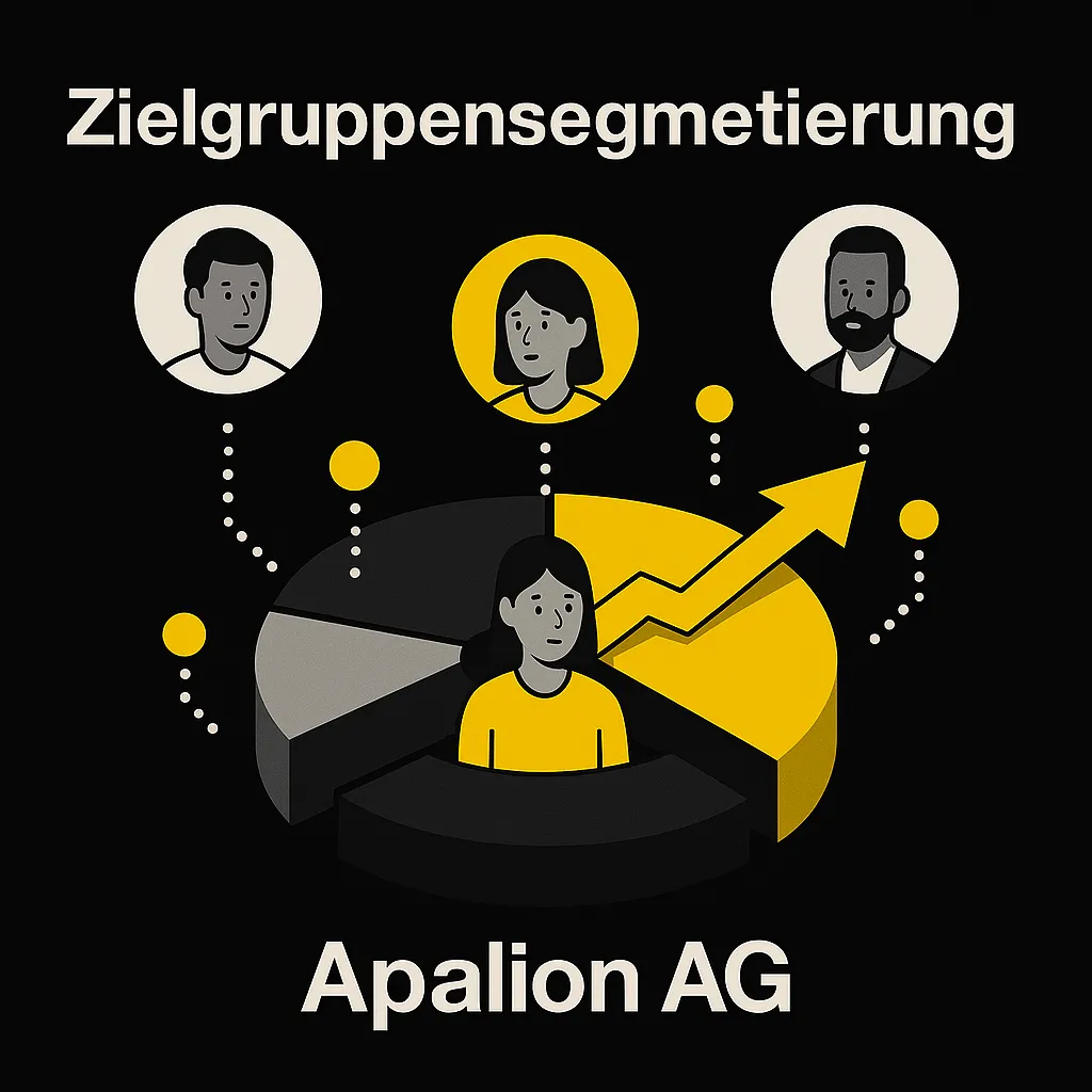 Zielgruppensegmentierung – Buyer-Personas und datenbasierte Ansprache bei Apalion AG Zielgruppensegmentierung bei Apalion AG mit 3D-Kuchendiagramm und visueller Darstellung verschiedener Buyer-Personas auf schwarzem Hintergrund