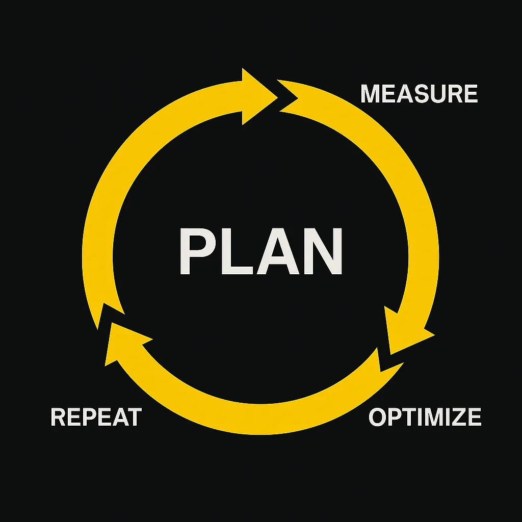 Strategischer Marketing-Zyklus der Apalion AG – Plan, Measure, Optimize, Repeat Zyklusgrafik im Apalion Corporate Design zeigt die vier Phasen Plan, Measure, Optimize und Repeat – visualisiert als Kreislauf für fortlaufende Optimierung.