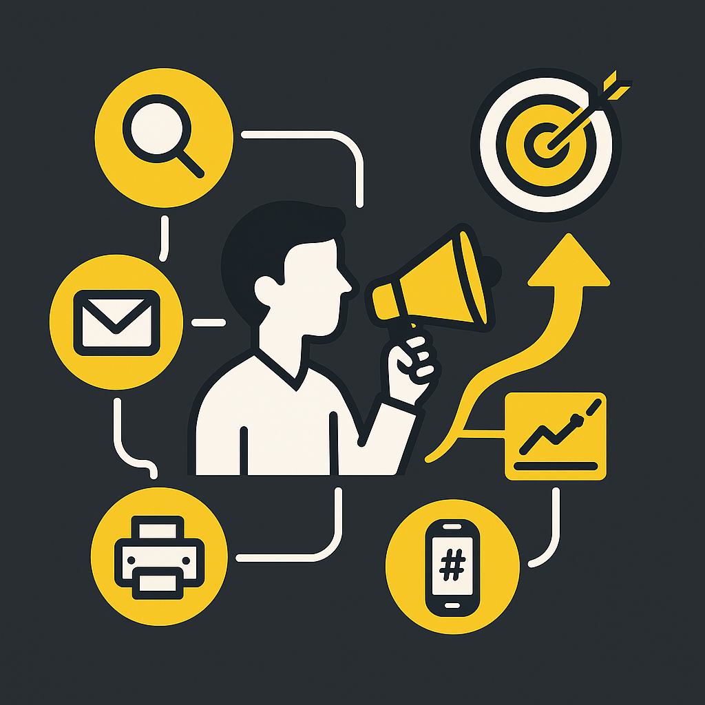 Person mit Megafon, umgeben von Icons für SEO, Social Media, E-Mail und Print – Symbolbild für Marketingkanäle und Kampagnenplanung