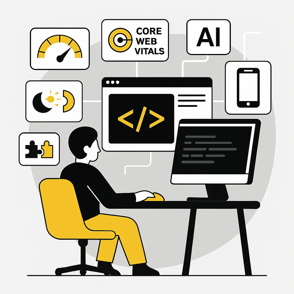 Illustration zeigt eine Person an einem Schreibtisch, die an Webentwicklung arbeitet – umgeben von Icons wie Core Web Vitals, AI, Mobile-First, Darkmode, Ladezeit und Modulare Systeme