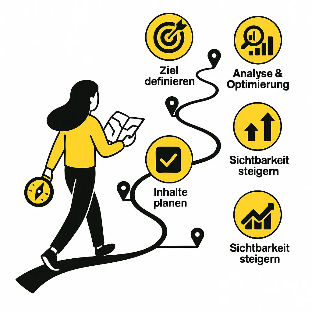 Illustration zeigt eine Frau, die auf einer fünfstufigen schwarzen Treppe mit gelben Symbolen nach oben steigt – Richtung Zielscheibe und Aufwärtspfeil