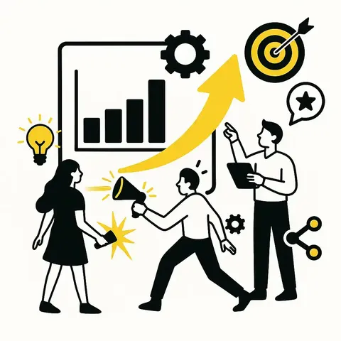 Drei Marketing-Profis beleben ein Wachstumsszenario: Megafon, Glühbirne und Tablet symbolisieren kreative Strategien und datenbasierte Entscheidungen – mit aufsteigendem Umsatzpfeil
