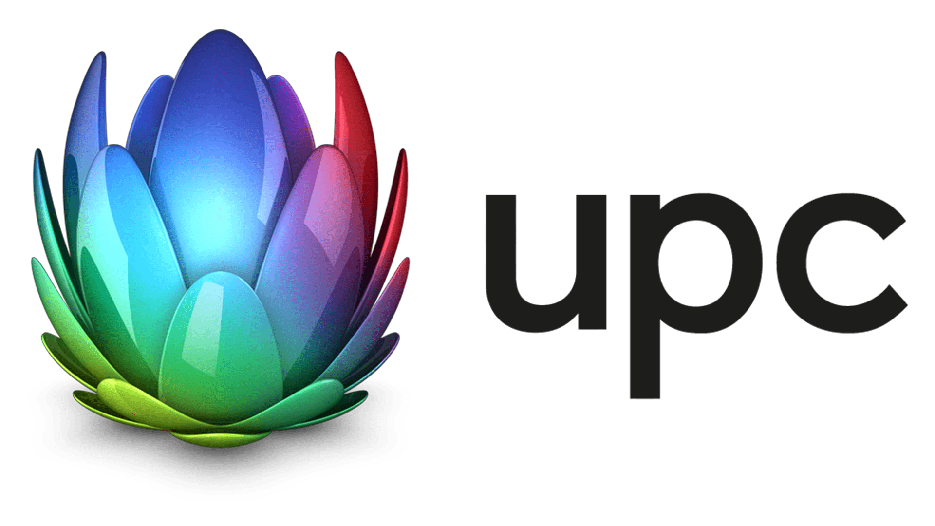 UPC Logo mit bunter Lotusblüte und schwarzem Schriftzug für Telekommunikation und Internet in der Schweiz