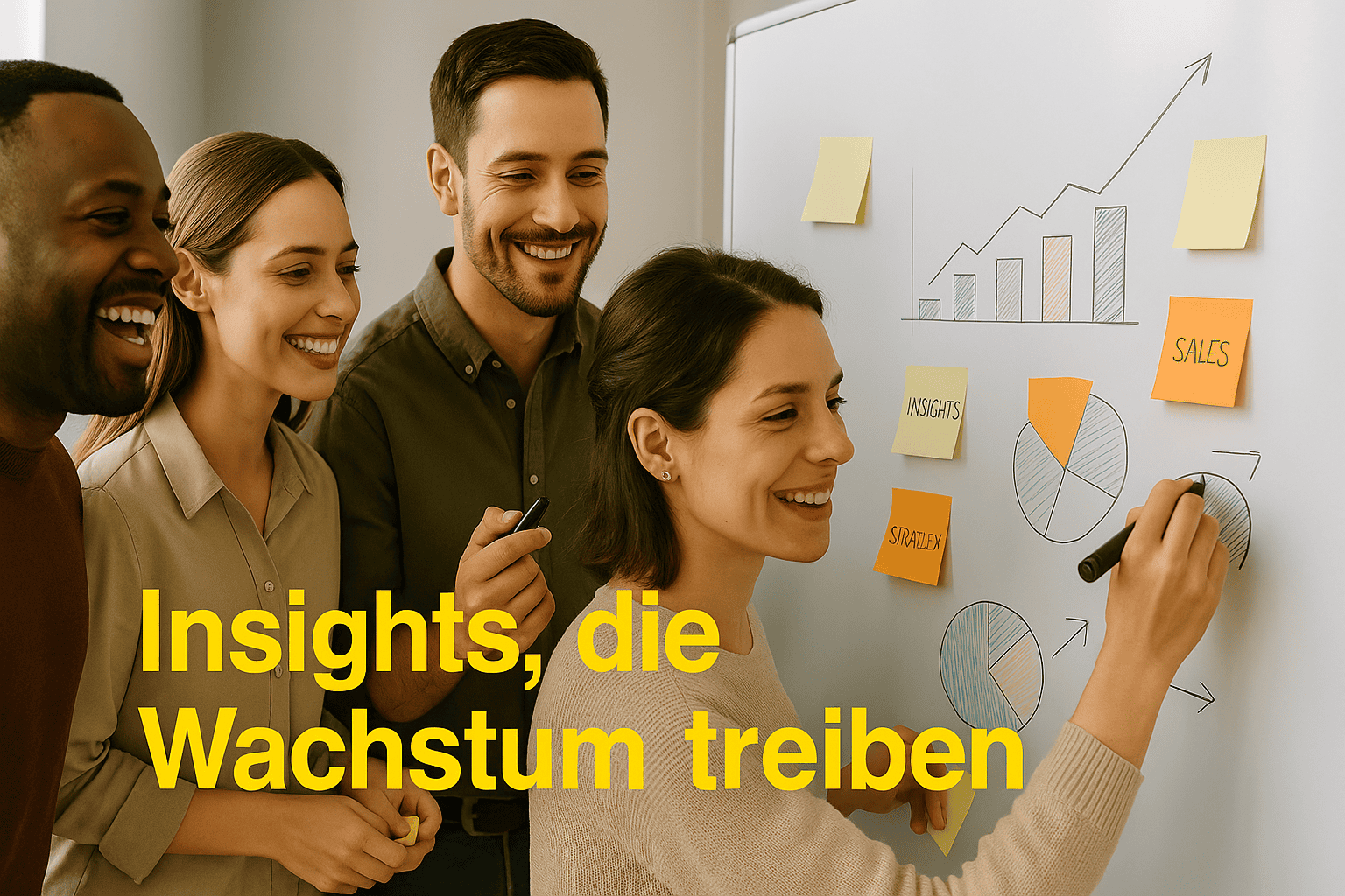 Team analysiert Insights an Whiteboard mit Diagrammen zur Förderung von Wachstum und Performance