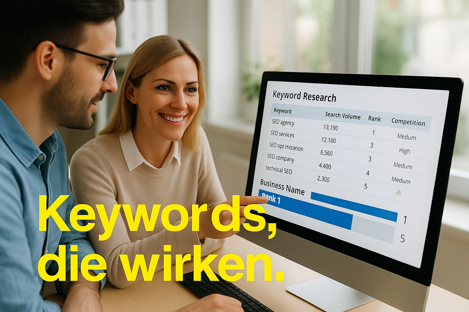 Marketingteam bespricht wirkungsvolle Keywords für Google Ads Kampagne am Laptop