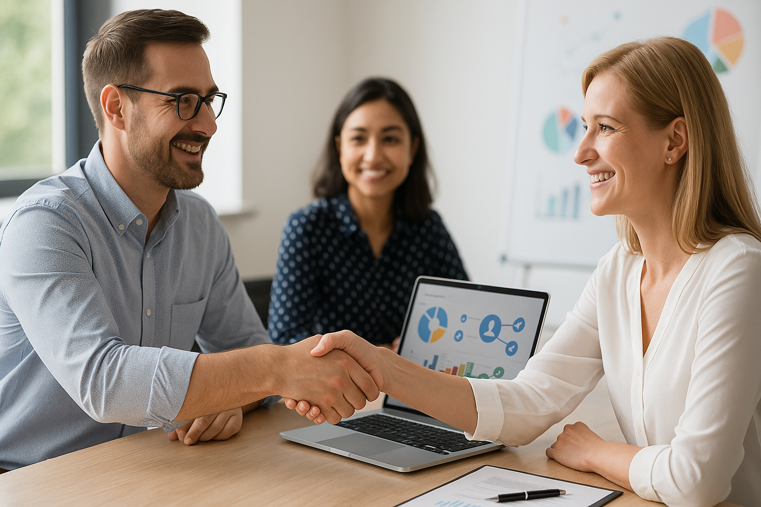 Geschäftspartner besprechen Leads und besiegeln Zusammenarbeit mit Handschlag im Büro