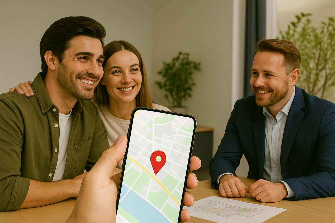 Lokales Beratungsgespräch mit Kunden und Standortanzeige auf Smartphone im Vordergrund