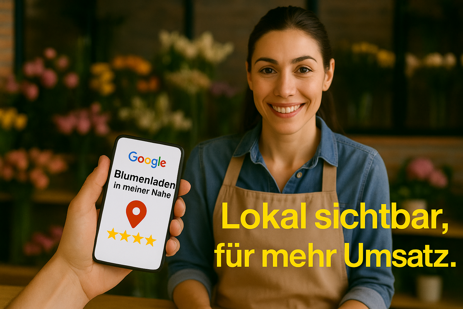 Floristin in lokalem Geschäft mit Google-Suchergebnis auf Smartphone für lokalen Blumenladen